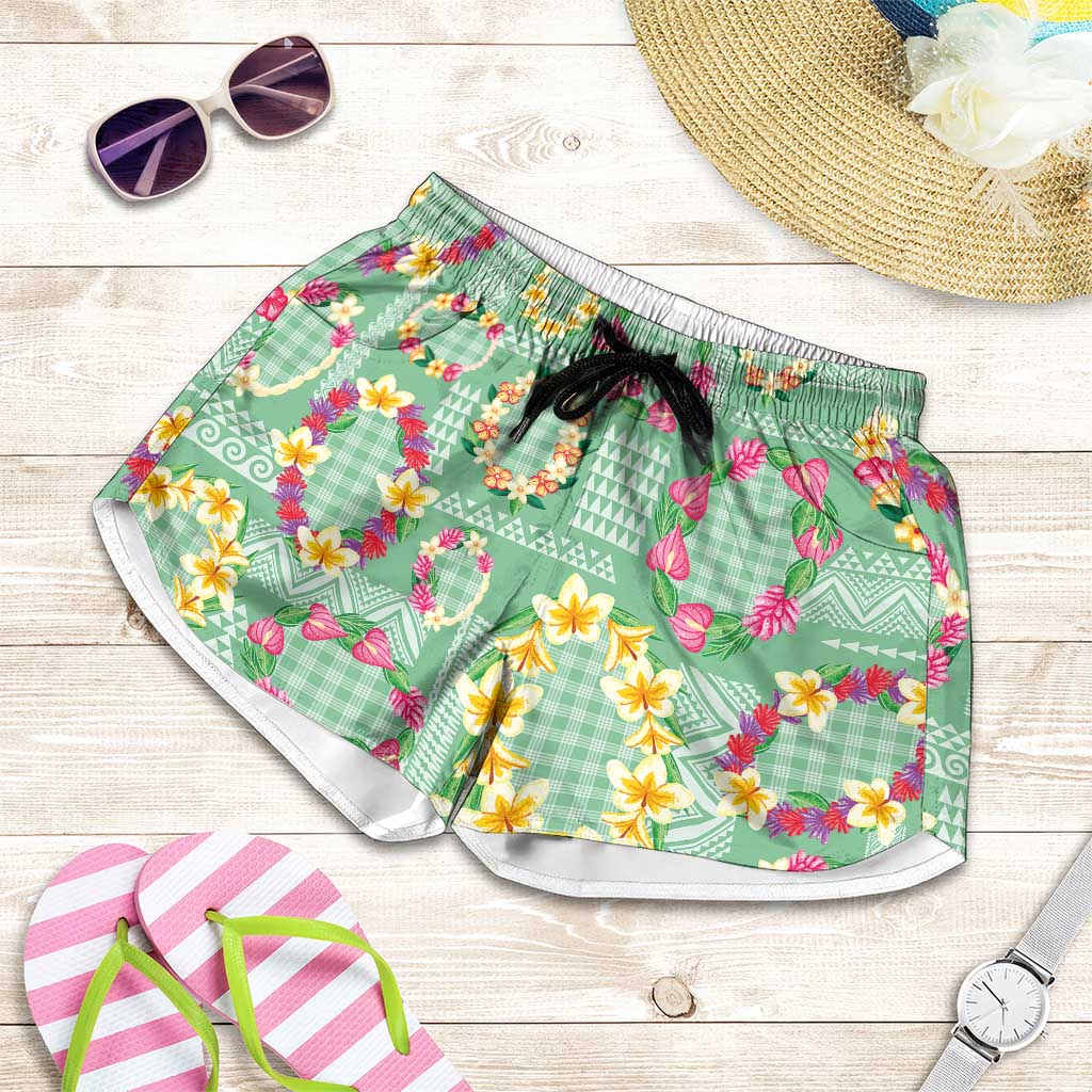 Hawaiian Leis Shorts for Women Kakau Tattoos and Palaka Pastel Green Color LT03 Green - Polynesian Pride