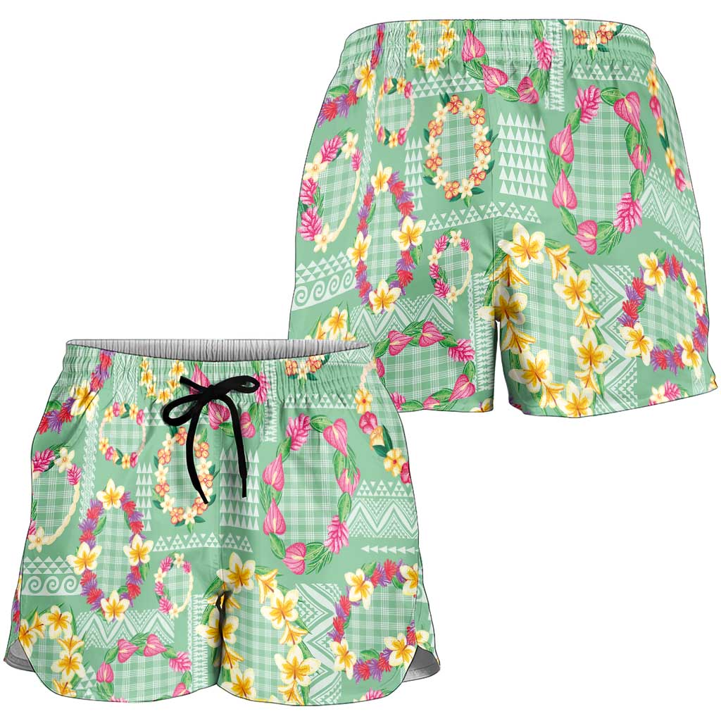 Hawaiian Leis Shorts for Women Kakau Tattoos and Palaka Pastel Green Color LT03 - Polynesian Pride