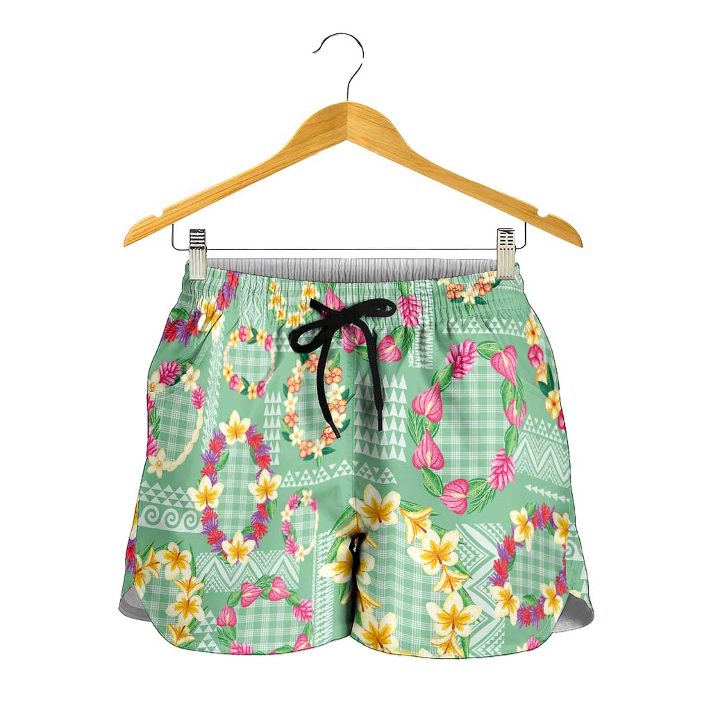 Hawaiian Leis Shorts for Women Kakau Tattoos and Palaka Pastel Green Color LT03 - Polynesian Pride