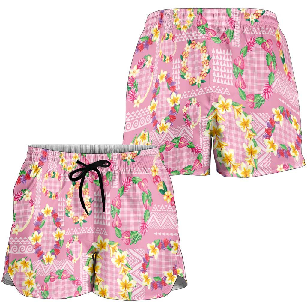 Hawaiian Leis Shorts for Women Kakau Tattoos and Palaka Pastel Pink Color
