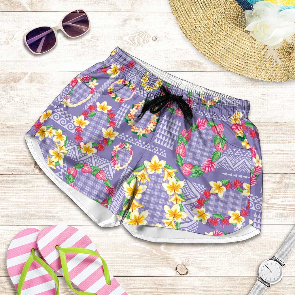 Hawaiian Leis Shorts for Women Kakau Tattoos and Palaka Pastel Purple Color