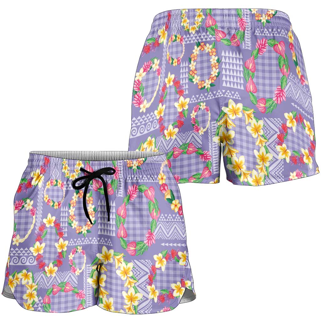Hawaiian Leis Shorts for Women Kakau Tattoos and Palaka Pastel Purple Color