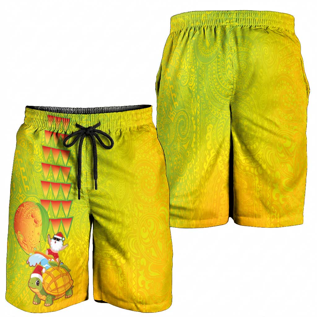 Hawaiian Mango Mele Kalikimaka Shorts for Men Santa Claus Surfing with Mango Christmas Turtle