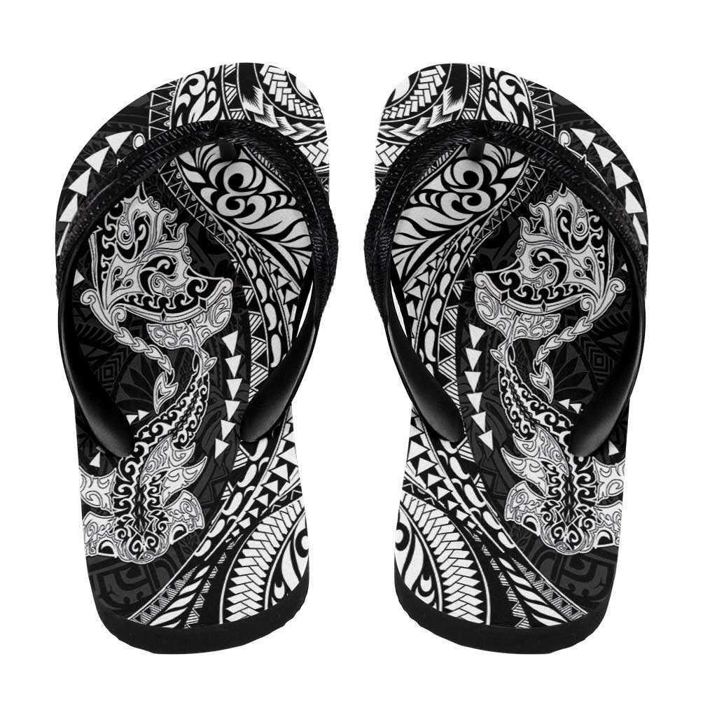 Hawaiian Manta Ray and Hammerhead Shark Tribal Tattoo Flip Flops with Polynesian Tribal Pattern Black-White Color