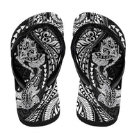 Hawaiian Manta Ray and Hammerhead Shark Tribal Tattoo Flip Flops with Polynesian Tribal Pattern Black-White Color