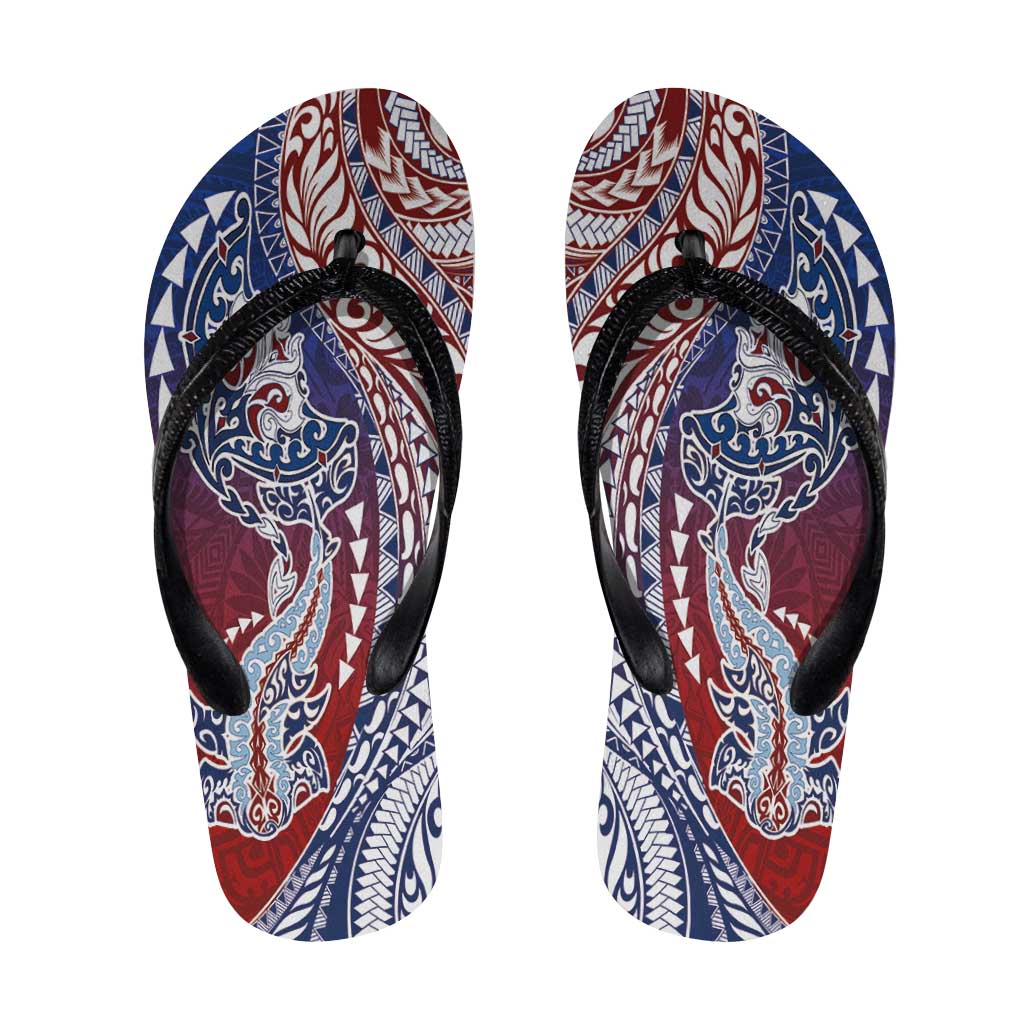 Hawaiian Manta Ray and Hammerhead Shark Tribal Tattoo Flip Flops with Polynesian Tribal Pattern Hawaii Flag Color