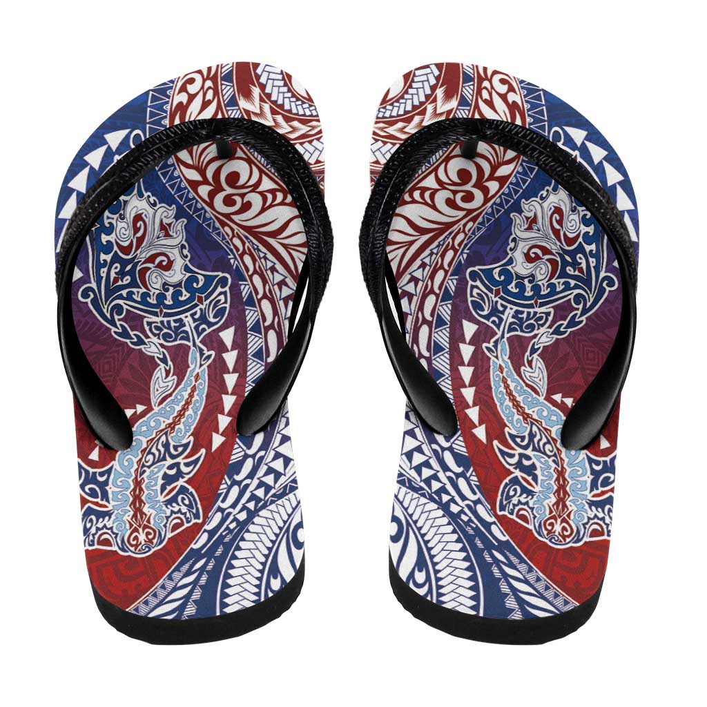 Hawaiian Manta Ray and Hammerhead Shark Tribal Tattoo Flip Flops with Polynesian Tribal Pattern Hawaii Flag Color