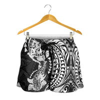 Hawaiian Manta Ray and Hammerhead Shark Tribal Tattoo Shorts for Women with Polynesian Tribal Pattern Black-White Color