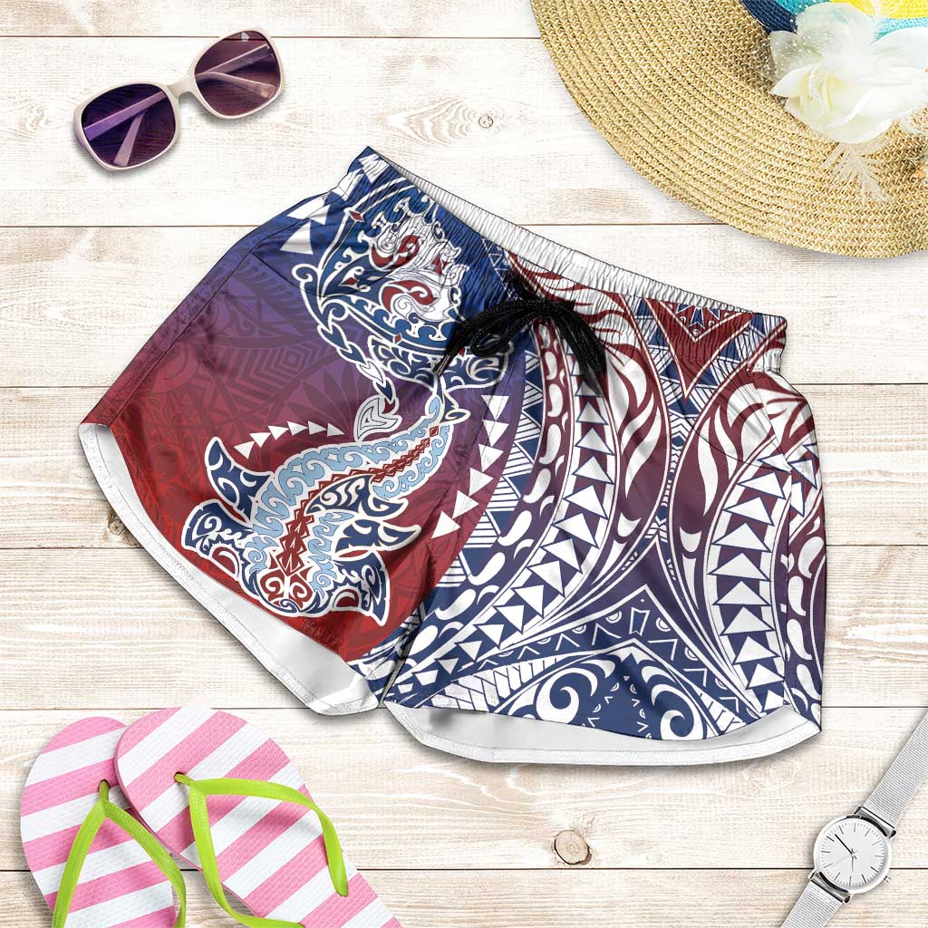 Hawaiian Manta Ray and Hammerhead Shark Tribal Tattoo Shorts for Women with Polynesian Tribal Pattern Hawaii Flag Color LT03 Multicolor - Polynesian Pride