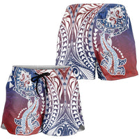 Hawaiian Manta Ray and Hammerhead Shark Tribal Tattoo Shorts for Women with Polynesian Tribal Pattern Hawaii Flag Color LT03 - Polynesian Pride