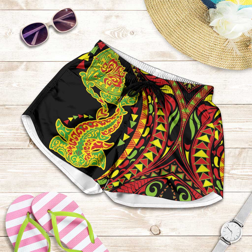 Hawaiian Manta Ray and Hammerhead Shark Tribal Tattoo Shorts for Women with Polynesian Tribal Pattern Kanaka Maoli Flag Color LT03 Multicolor - Polynesian Pride