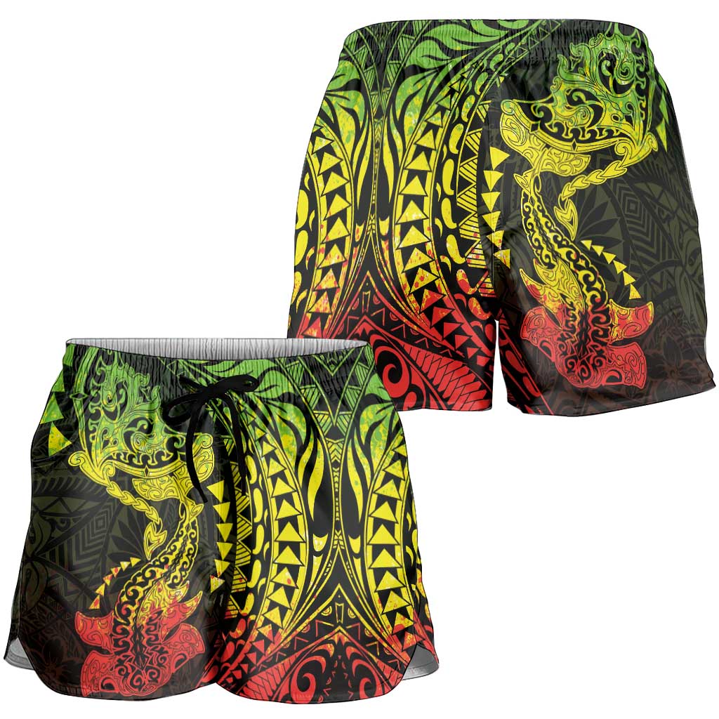 Hawaiian Manta Ray and Hammerhead Shark Tribal Tattoo Shorts for Women with Polynesian Tribal Pattern Reggae Style