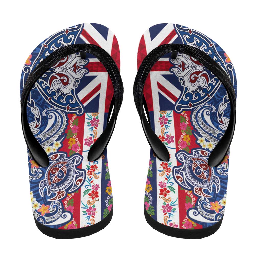 Hawaiian Manta Ray and Turtle Tribal Tattoo Flip Flops with Hawaii Flag and Flowers