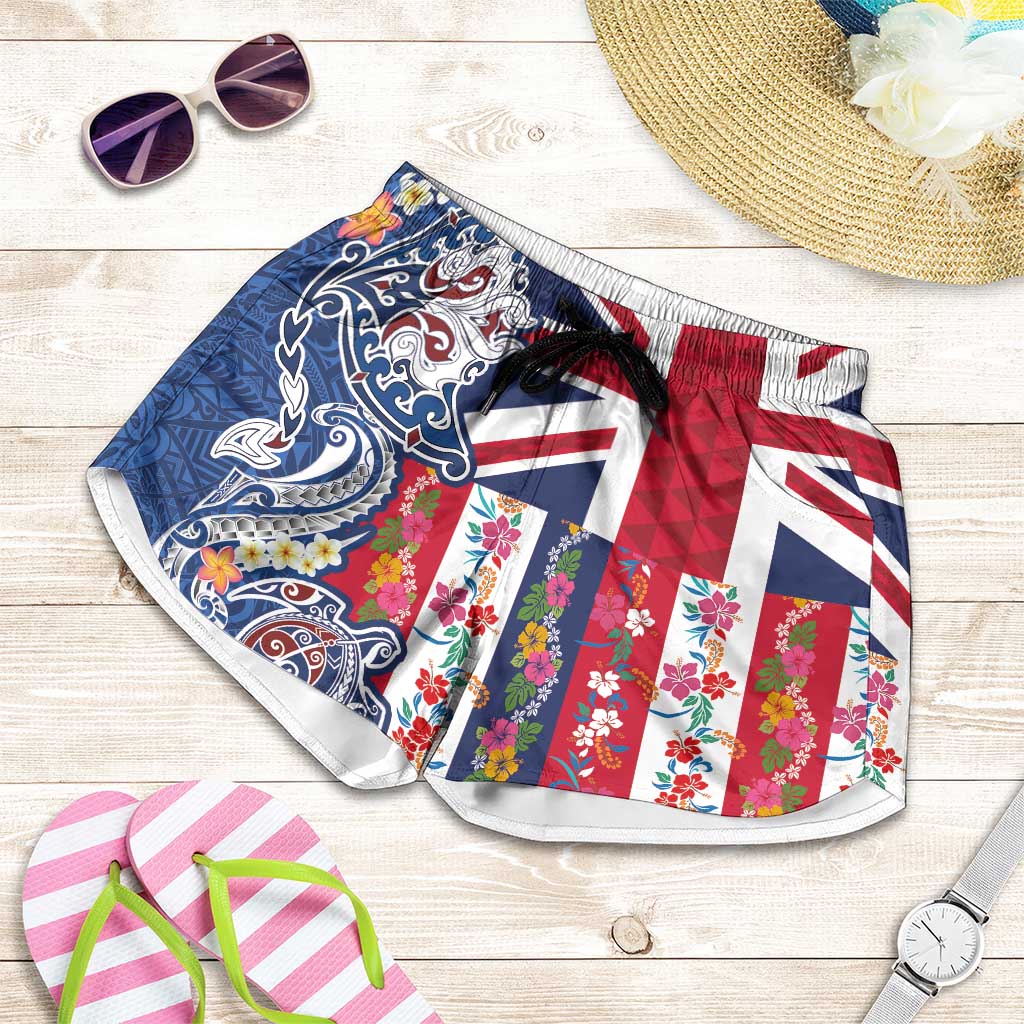 Hawaiian Manta Ray and Turtle Tribal Tattoo Shorts for Women with Hawaii Flag and Flowers LT03 Multicolor - Polynesian Pride