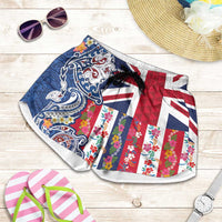 Hawaiian Manta Ray and Turtle Tribal Tattoo Shorts for Women with Hawaii Flag and Flowers LT03 Multicolor - Polynesian Pride