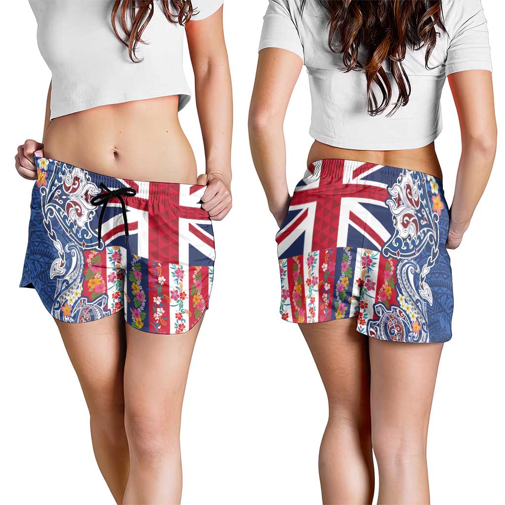 Hawaiian Manta Ray and Turtle Tribal Tattoo Shorts for Women with Hawaii Flag and Flowers LT03 - Polynesian Pride