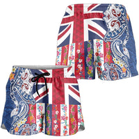 Hawaiian Manta Ray and Turtle Tribal Tattoo Shorts for Women with Hawaii Flag and Flowers LT03 - Polynesian Pride