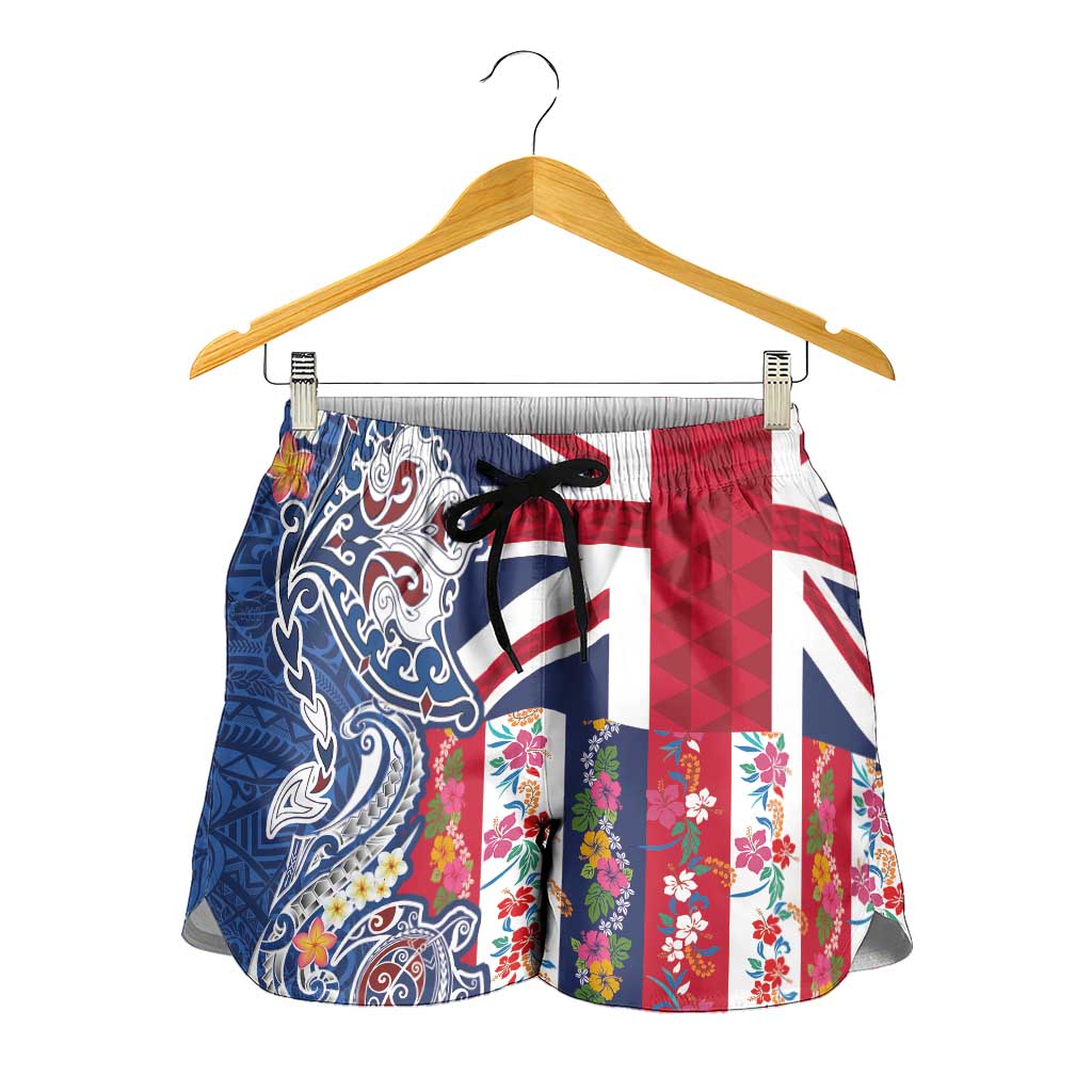 Hawaiian Manta Ray and Turtle Tribal Tattoo Shorts for Women with Hawaii Flag and Flowers LT03 - Polynesian Pride