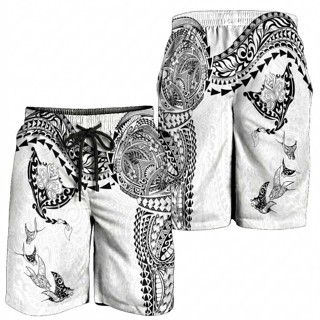 Hawaiian Manta Ray Tribal Shorts for Men Polynesian Art Motifs White Color