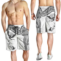 Hawaiian Manta Ray Tribal Shorts for Men Polynesian Art Motifs White Color
