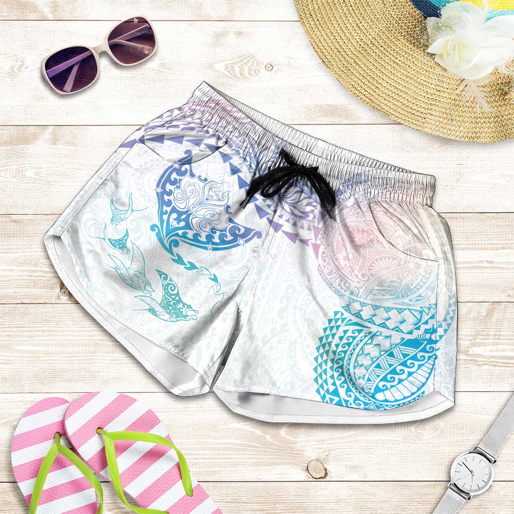 Hawaiian Manta Ray Tribal Shorts for Women Polynesian Art Motifs Sweet Pastel