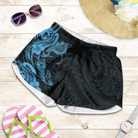 Hawaiian Manta Rays Shorts for Women Tribal Hibiscus Polynesian Tattoos Blue Color - Polynesian Pride