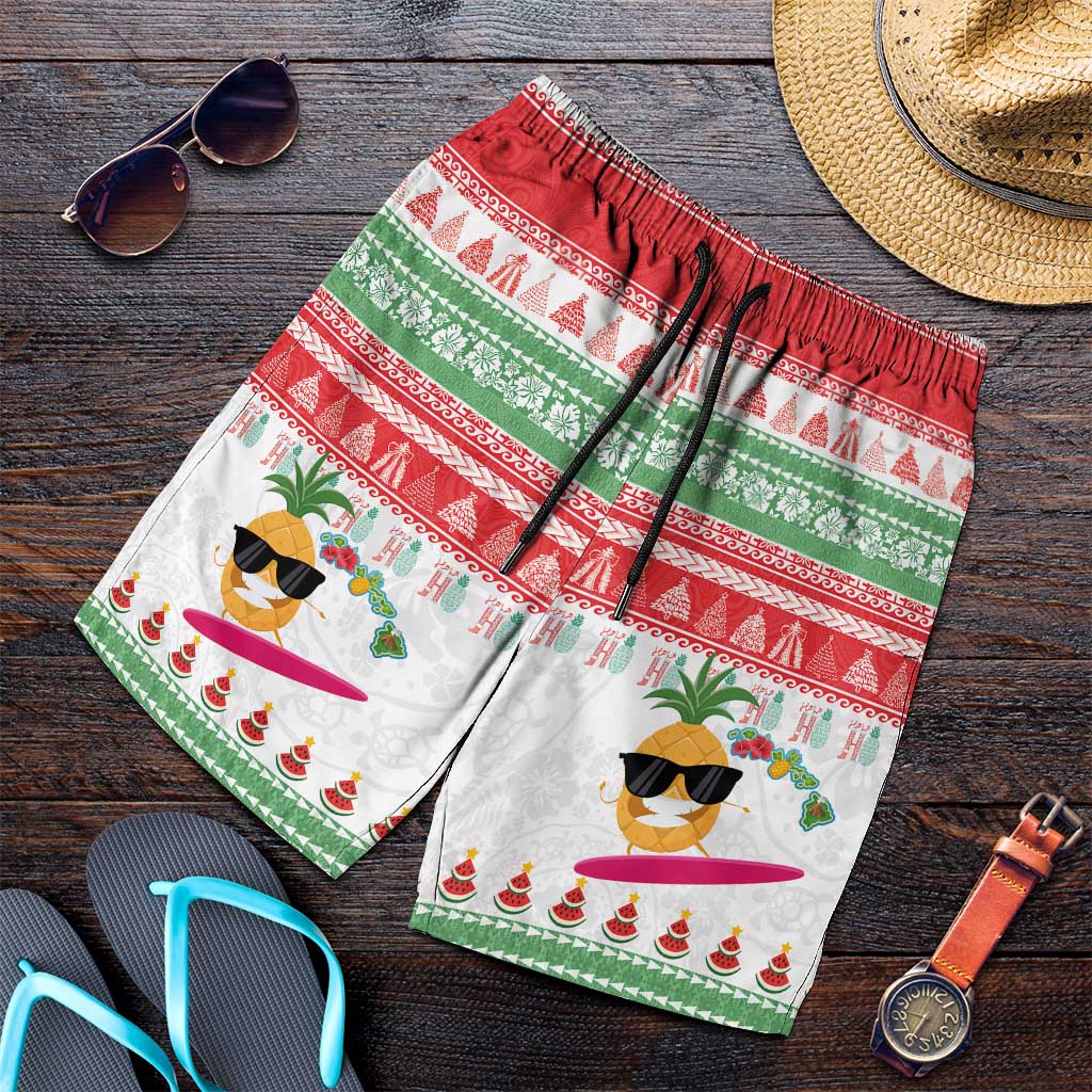 Hawaiian Mele Kalikimaka Shorts for Men Funny Pineapple Surfing with Map Christmas Stripe Elements