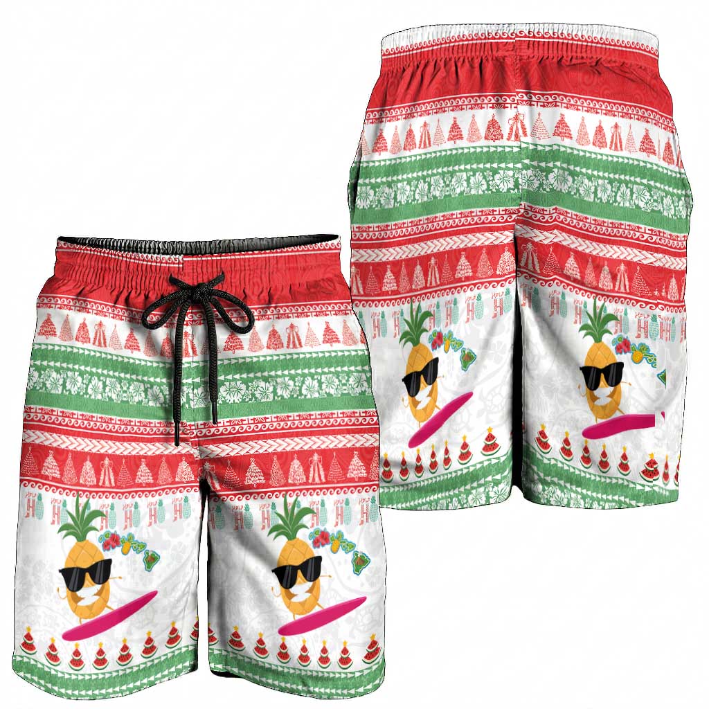 Hawaiian Mele Kalikimaka Shorts for Men Funny Pineapple Surfing with Map Christmas Stripe Elements