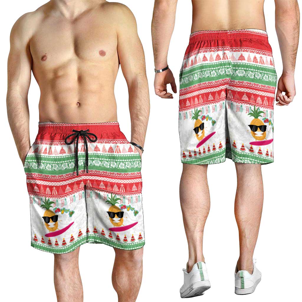Hawaiian Mele Kalikimaka Shorts for Men Funny Pineapple Surfing with Map Christmas Stripe Elements