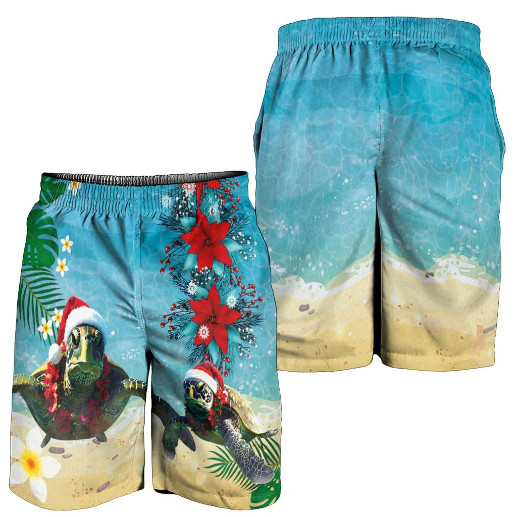 Hawaiian Mele Kalikimaka Shorts for Men Xmas Turtles and Tropical Plants with Red Poinsettia Watercolor Style LT03 - Polynesian Pride