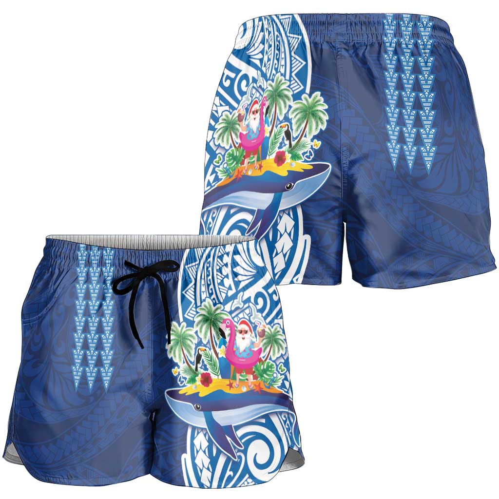 Hawaiian Mele Kalikimaka Shorts for Women Funny Santa on Whale Island with Kakau Tattoos - Polynesian Pride