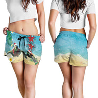 Hawaiian Mele Kalikimaka Shorts for Women Xmas Turtles and Tropical Plants with Red Poinsettia Watercolor Style LT03 - Polynesian Pride