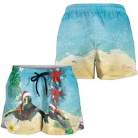 Hawaiian Mele Kalikimaka Shorts for Women Xmas Turtles and Tropical Plants with Red Poinsettia Watercolor Style LT03 - Polynesian Pride