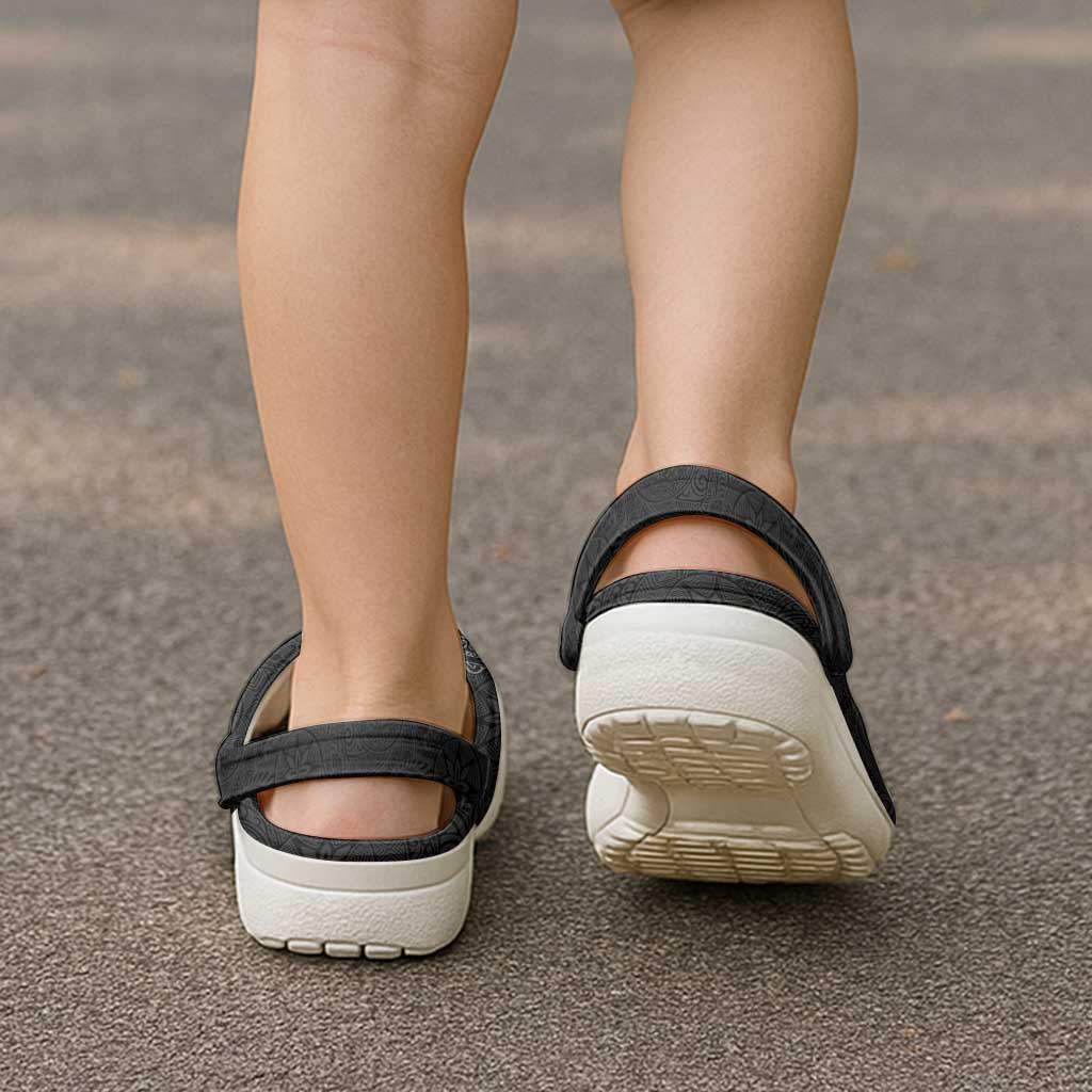Hawaiian Monk Seal and Whale Clogs Shoes Kakau Tribal Pattern Grayscale