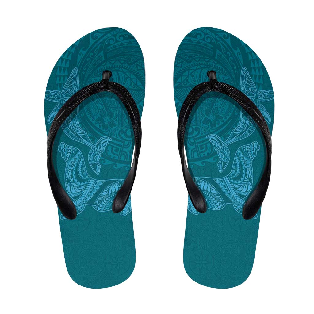 Hawaiian Monk Seal and Whale Flip Flops Kakau Tribal Pattern Teal Color