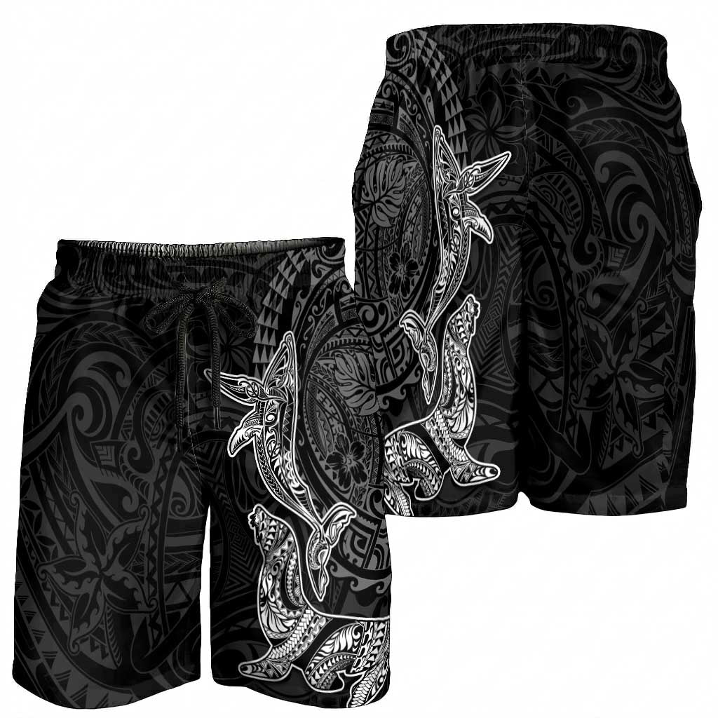 Hawaiian Monk Seal and Whale Shorts for Men Kakau Tribal Pattern Grayscale