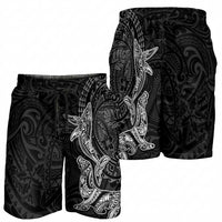 Hawaiian Monk Seal and Whale Shorts for Men Kakau Tribal Pattern Grayscale