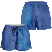 Hawaiian Monk Seal and Whale Shorts for Women Kakau Tribal Pattern Blue Color