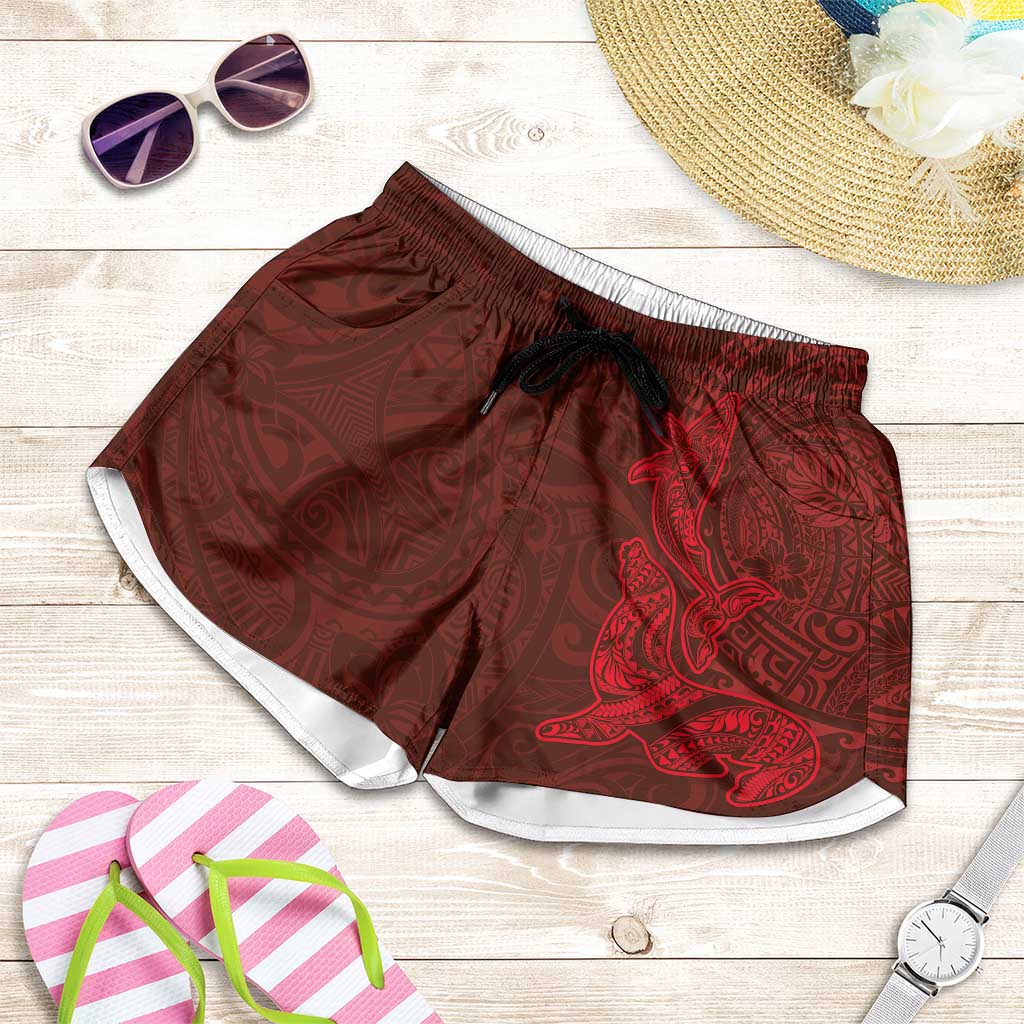 Hawaiian Monk Seal and Whale Shorts for Women Kakau Tribal Pattern Red Color