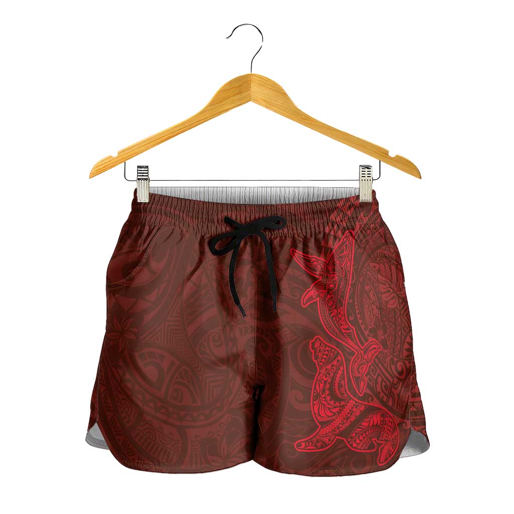 Hawaiian Monk Seal and Whale Shorts for Women Kakau Tribal Pattern Red Color