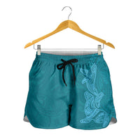 Hawaiian Monk Seal and Whale Shorts for Women Kakau Tribal Pattern Teal Color