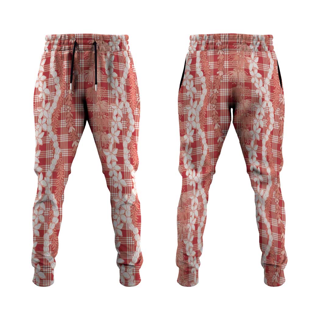 Hawaiian Ohia Lehua Lei Jogger Pants Plaid Palaka Ulaula Pattern - Polynesian Pride
