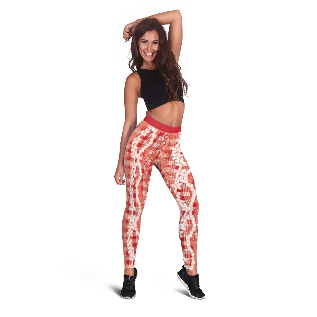 Hawaiian Ohia Lehua Lei Leggings Plaid Palaka Ulaula Pattern - Polynesian Pride