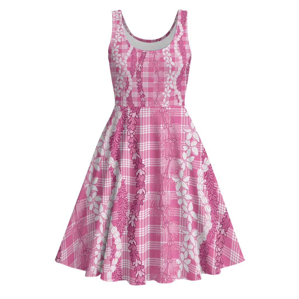 Hawaiian Ohia Lehua Lei Midi Dress Plaid Palaka Akala Pattern - Polynesian Pride