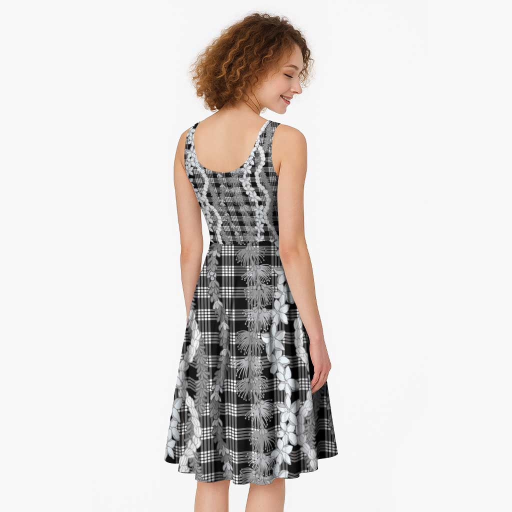 Hawaiian Ohia Lehua Lei Midi Dress Plaid Palaka Eleele Pattern - Polynesian Pride
