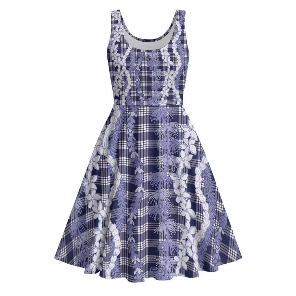 Hawaiian Ohia Lehua Lei Midi Dress Plaid Palaka Uliuli hohonu Pattern - Polynesian Pride