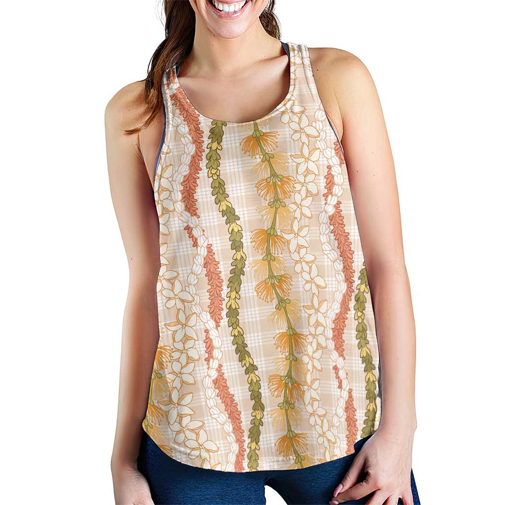 Hawaiian Ohia Lehua Lei Women Racerback Tank Plaid Palaka Ahiehie Pattern - Polynesian Pride