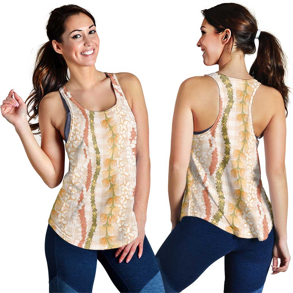Hawaiian Ohia Lehua Lei Women Racerback Tank Plaid Palaka Ahiehie Pattern - Polynesian Pride
