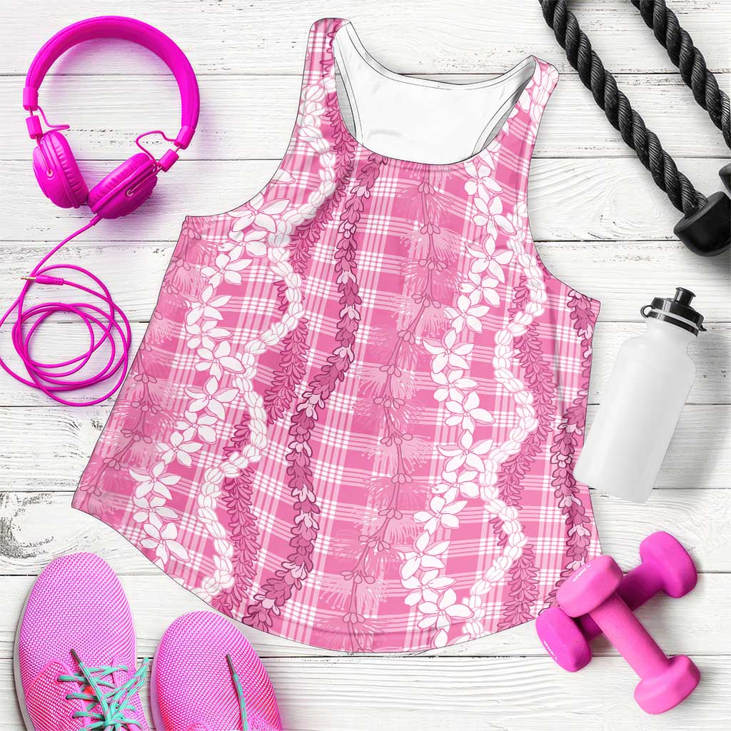 Hawaiian Ohia Lehua Lei Women Racerback Tank Plaid Palaka Akala Pattern LT9 Pink - Polynesian Pride