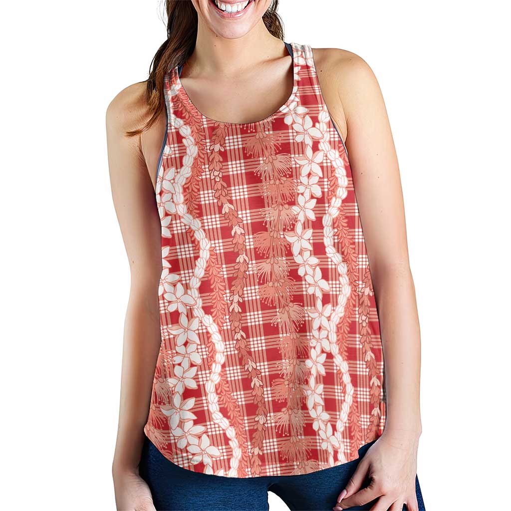 Hawaiian Ohia Lehua Lei Women Racerback Tank Plaid Palaka Ulaula Pattern - Polynesian Pride